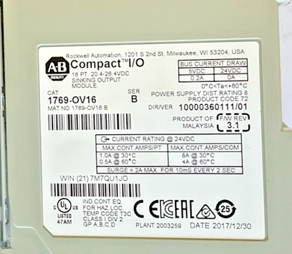 ALLEN BRADLEY 1769-OV16 OUTPUT MODULE SER.B F/W REV:3.1