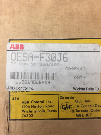 ABB OESA-F30J6 DISCONNECT FUSIBLE SWITCH 3 POLE 30 A 600 V