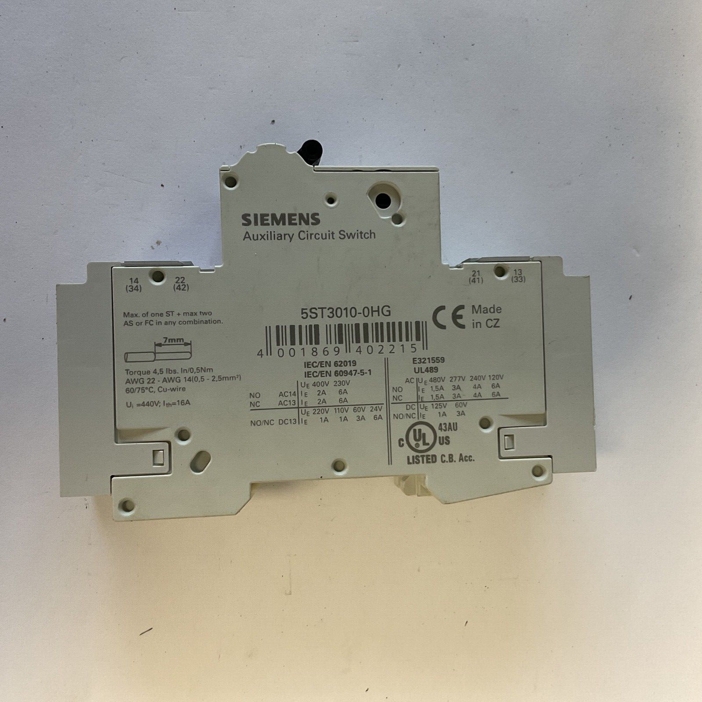 SIEMENS 5SJ4101-7HG41 CIRCUIT BREAKER 3A AUXILIARY CIRCUIT SWITCH