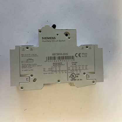 SIEMENS 5SJ4101-7HG41 CIRCUIT BREAKER 3A AUXILIARY CIRCUIT SWITCH