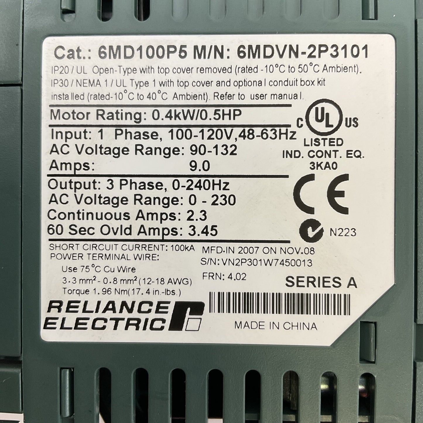 RELIANCE ELECTRIC 6MD100P5 AC DRIVE OUTPUT 3PH 0-230VAC INPUT 1PH 100-120VAC