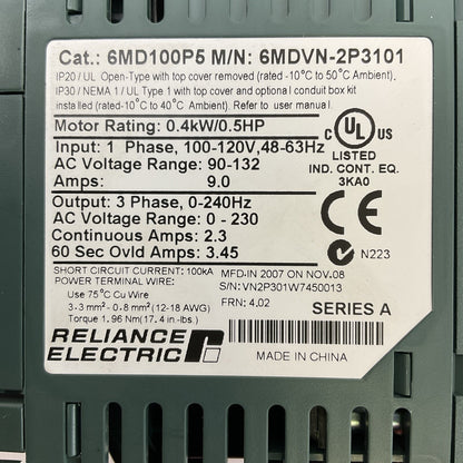 RELIANCE ELECTRIC 6MD100P5 AC DRIVE OUTPUT 3PH 0-230VAC INPUT 1PH 100-120VAC