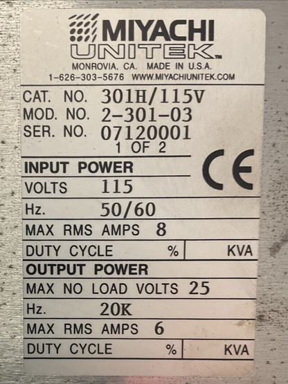 MIYACHI 301H/115V INPUT 115VAC 8A OUTPUT 25V 6A MODEL 350 ELECTRONIC WELD HEAD
