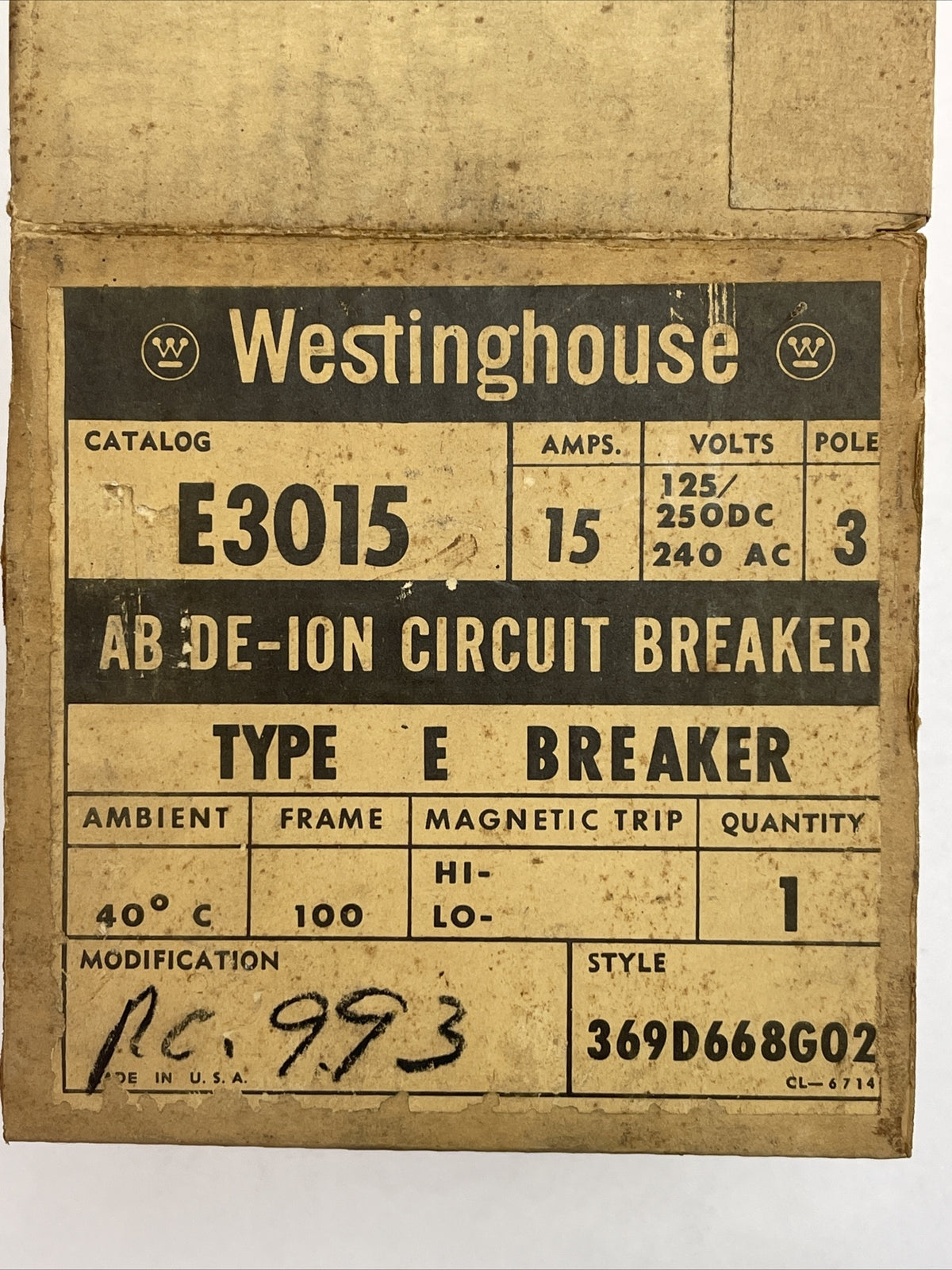 WESTINGHOUSE E3015 AB DE-ION CIRCUIT BREAKER 15AMP 240VAC 125/250VDC 3POLE