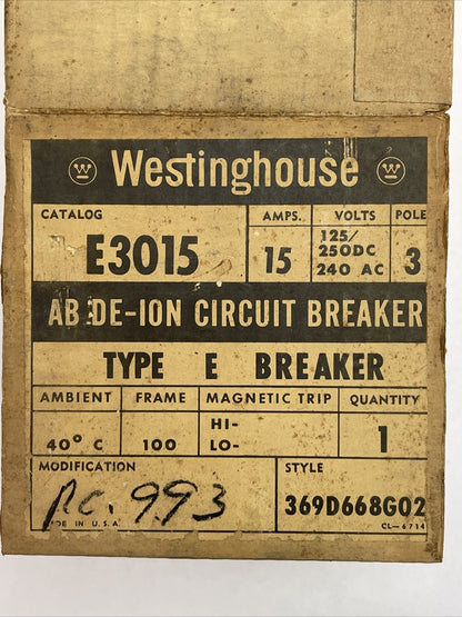 WESTINGHOUSE E3015 AB DE-ION CIRCUIT BREAKER 15AMP 240VAC 125/250VDC 3POLE