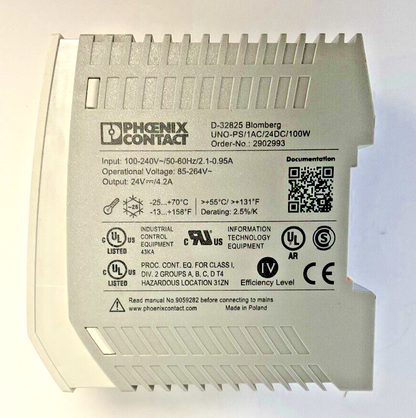 PHOENIX CONTACT UNO-PS/1AC/24DC/100W UNO POWER SUPPLY 240VAC 50/60HZ