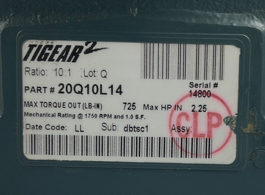DODGE 20Q10R14 *NO HARDWARE* GEAR REDUCER 10:1 1750RPM 2.25HP *HAS SHELF WEAR*