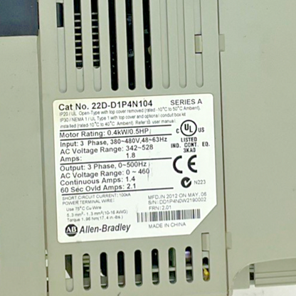 ALLEN BRADLEY 22D-D1P4N104 AC DRIVE SER.A 0.4KW/0.5HP 480V 1.8A