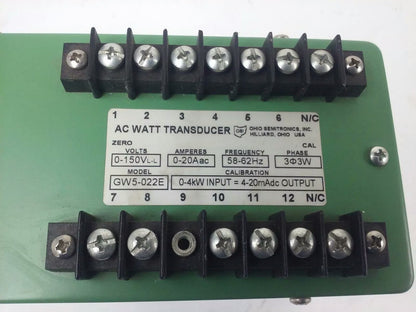 OHIO SEMITRONIC, GW5-022E AC WATT TRANDUCER, 3PH, 3W, TWO ELEMENT, 0-150V, 0-20A