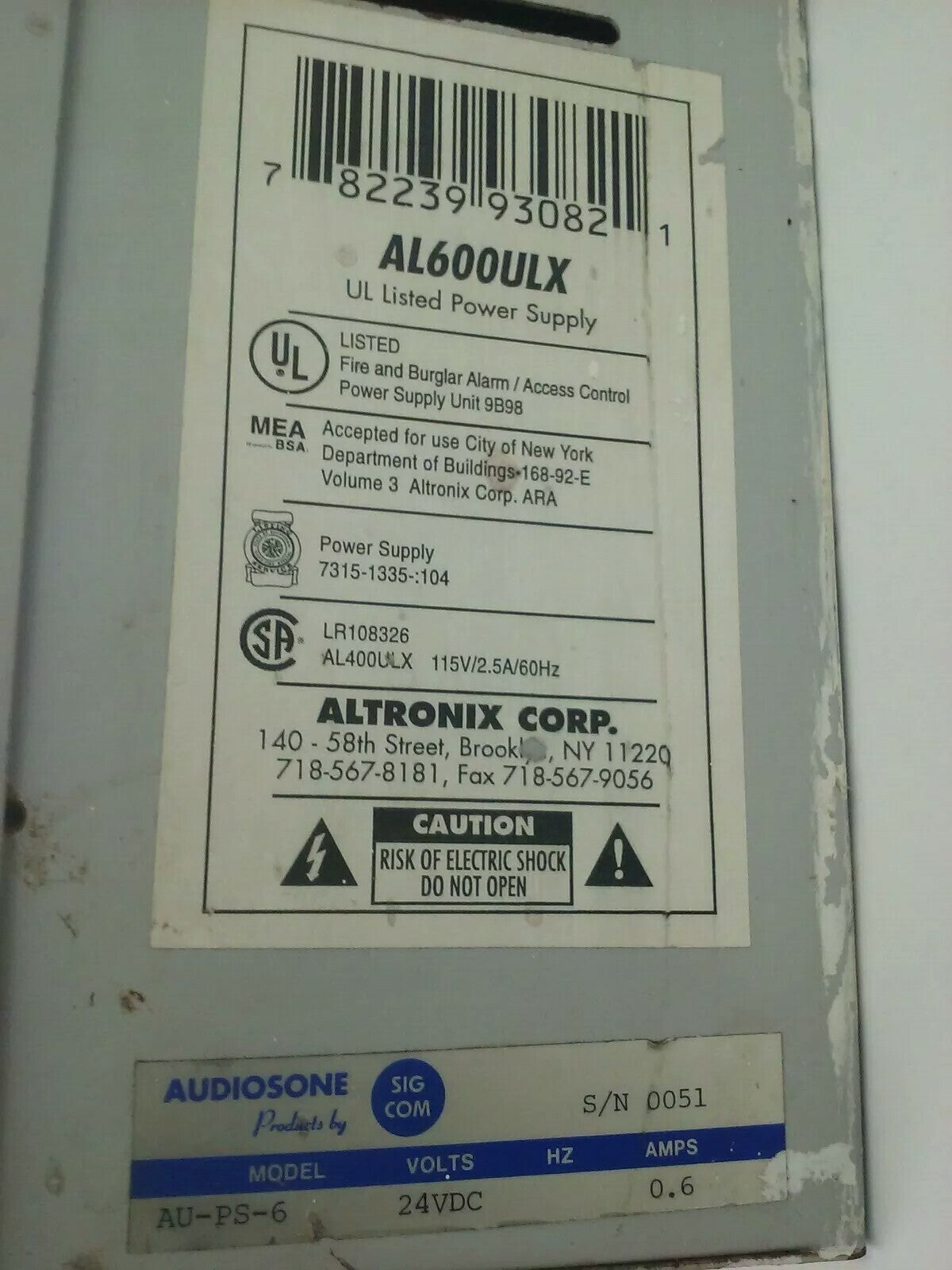 AUDIOSONE ALTRONIX AL600ULX POWER SUPPLY/CHARGER SMP7PM BOARD PS-1270 F1 BATTERY