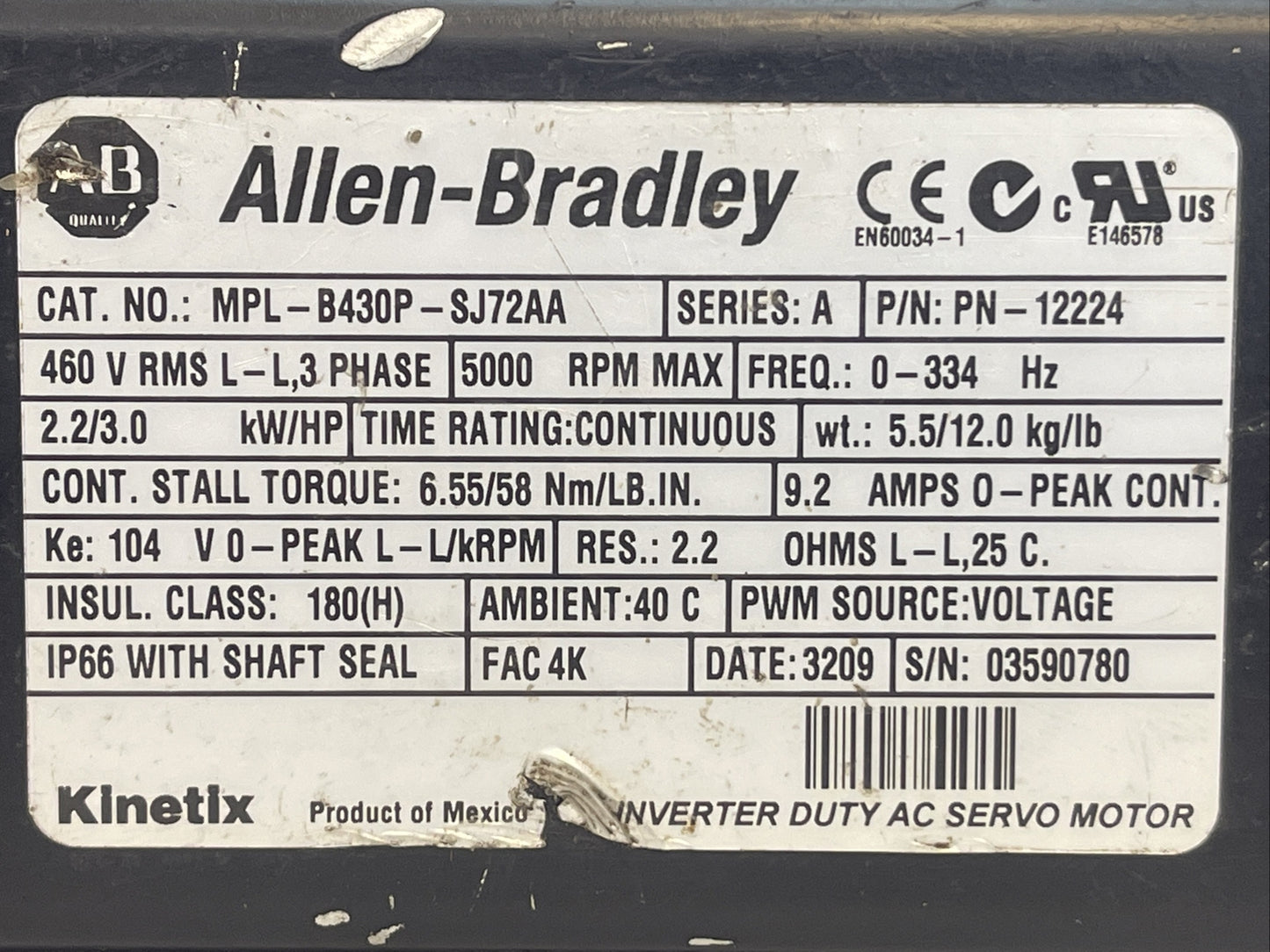ALLEN BRADLEY MPL-B430P-SJ72AA SERVO MOTOR SER A 5000RPM 2.2/3.0 kW/HP 9.2AMP