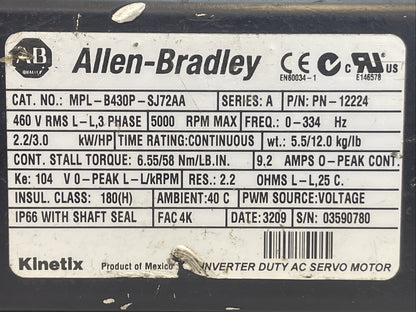 ALLEN BRADLEY MPL-B430P-SJ72AA SERVO MOTOR SER A 5000RPM 2.2/3.0 kW/HP 9.2AMP