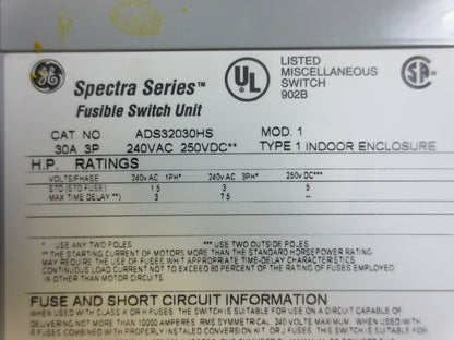 GE ADS32030HS SPECTRA FUSIBLE SWITCH UNIT - 30A 240V 3-POLE - NEW SURPLUS