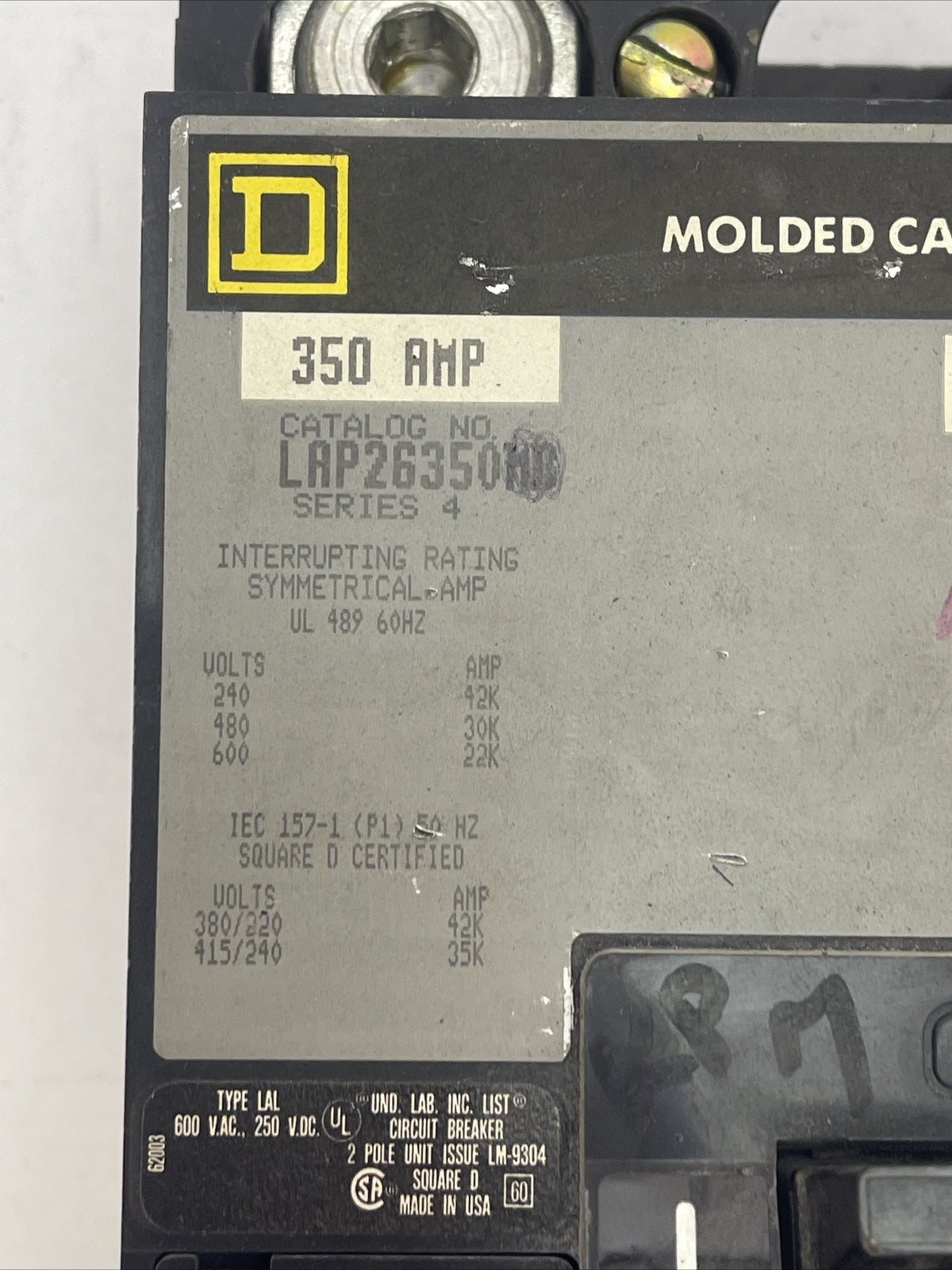 SQUARE D LAP26350MB CIRCUIT BREAKER 350A 600VAC 2POLE