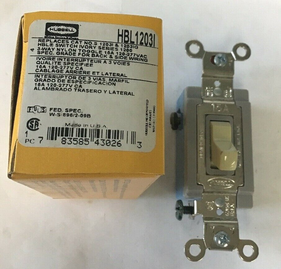 HUBBELL HBL1203I SWITCH IVORY SER 1200 3WAY  TOGGLE 15A 120/277VAC***LOTOF2***
