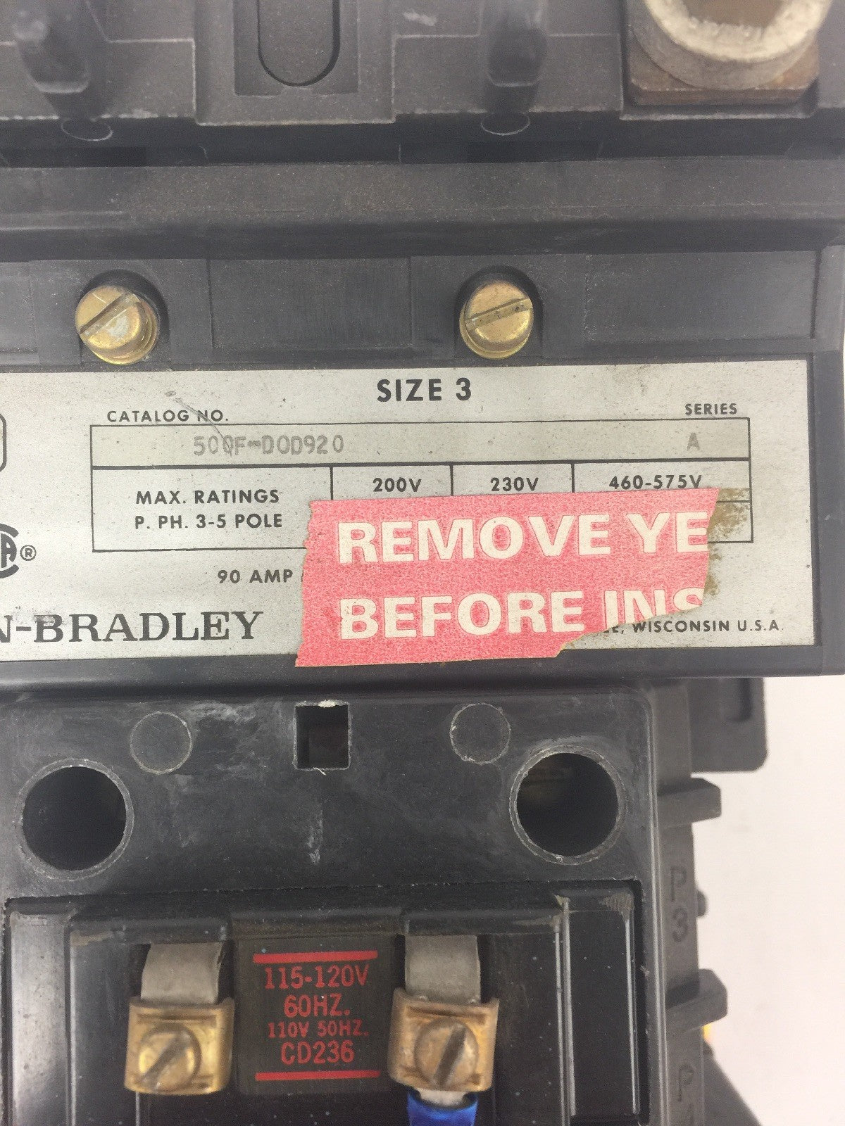 ALLEN BRADLEY 500F-D0D920 AC CONTACTOR 115-120V 60HZ 110V 50HZ SIZE 3 90 AMP