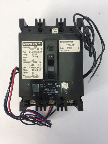 WESTINGHOUSE EB3100 CIRCUIT BREAKER 100AMP 3POLE 240VAC 2609D39G24 4979D06G03
