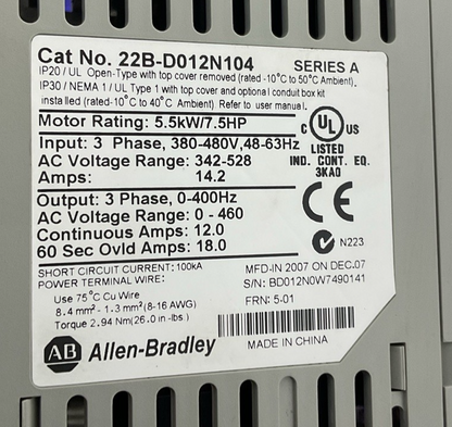 ALLEN BRADLEY 22B-D012N104 POWERFLEX 40 AC DRIVE SER.A 14.2A 7.5HP