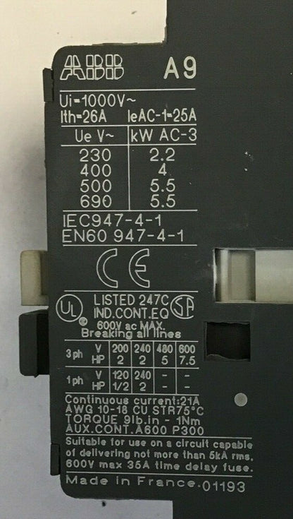 ABB A9-30-01 CONTACTOR 26A 1000VAC 7.5HP ***LOTOF5***