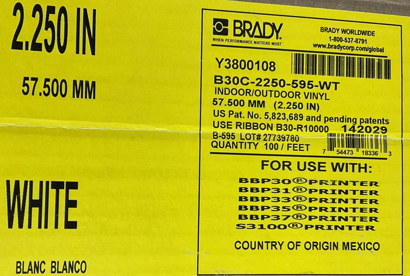BRADY B30C-2250-595-WT INDOOR/OUTDOOR WHITE VINYL 2.25"