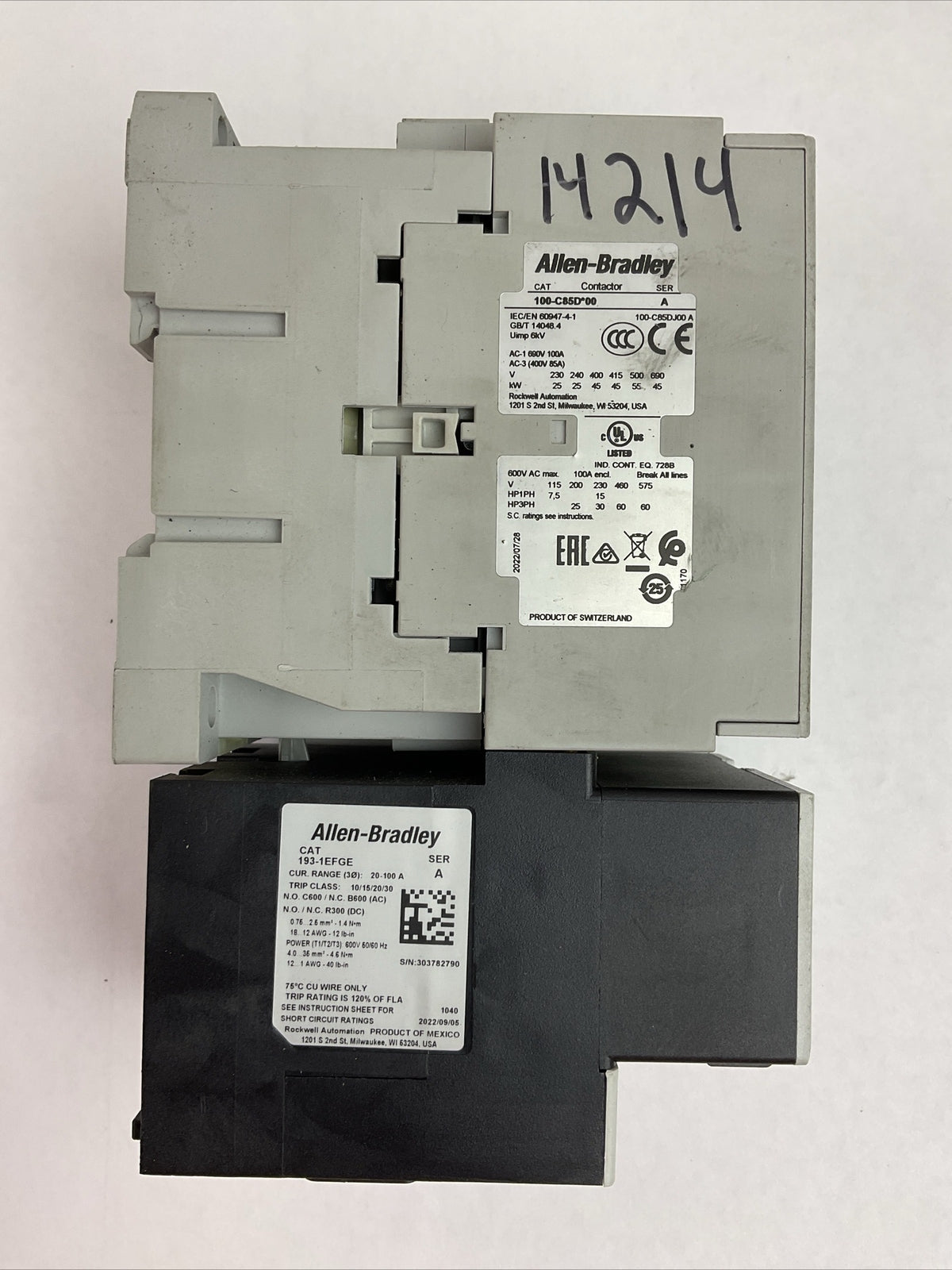 ALLEN BRADLEY STARTER (100-C85D*00 SER A CONTACTOR + 193-1EFGE RELAY + 100S)