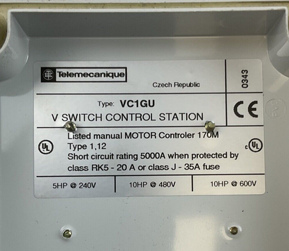 TELEMECANIQUE VC1GU V SWITCH CONTROL STATION 10HP 600V 24VDC