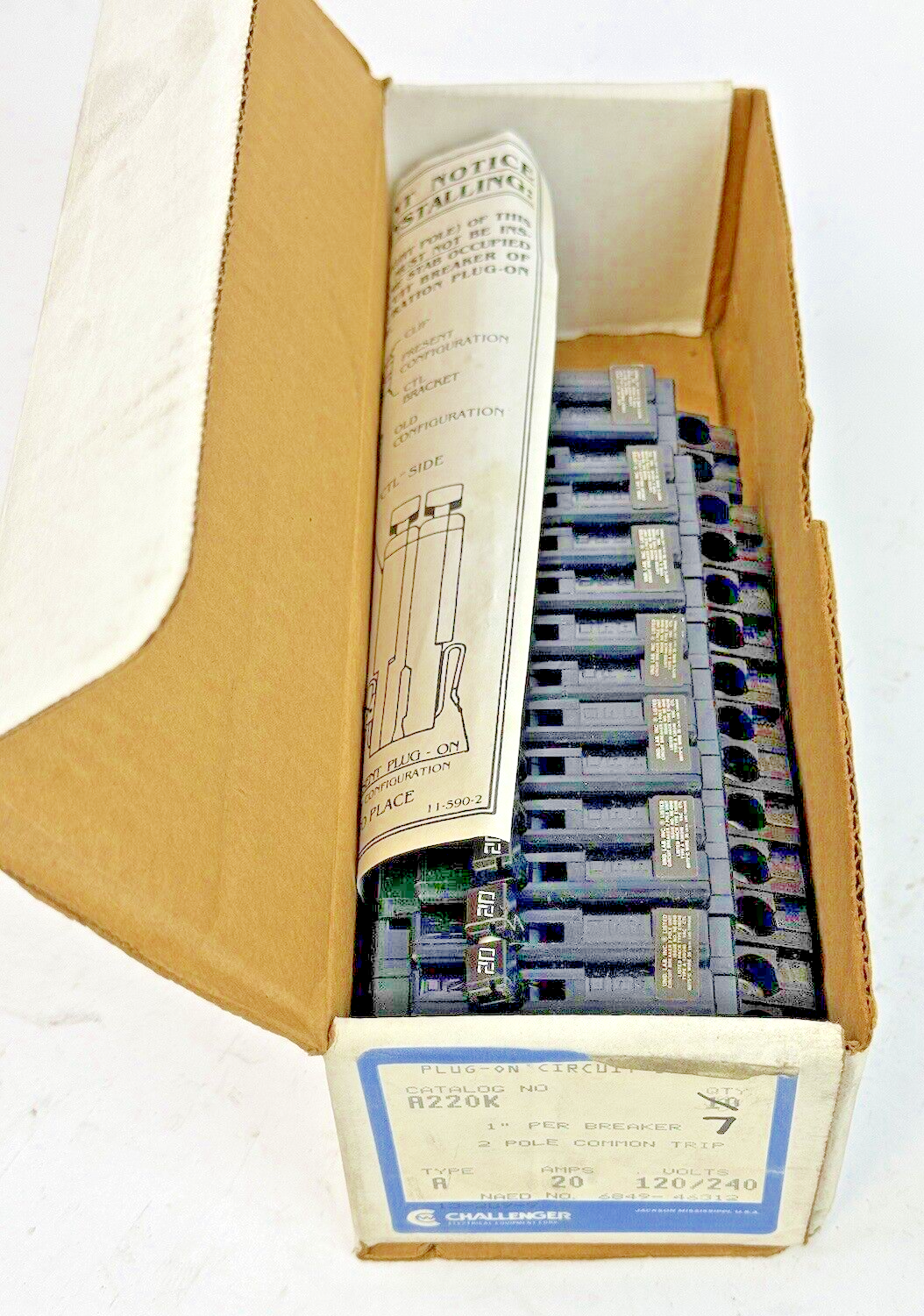 CHALLENGER *BOX OF 7* - A220K - COM. TRIP CIRCUIT BREAKERS -2 POLE/20 A/240 VAC