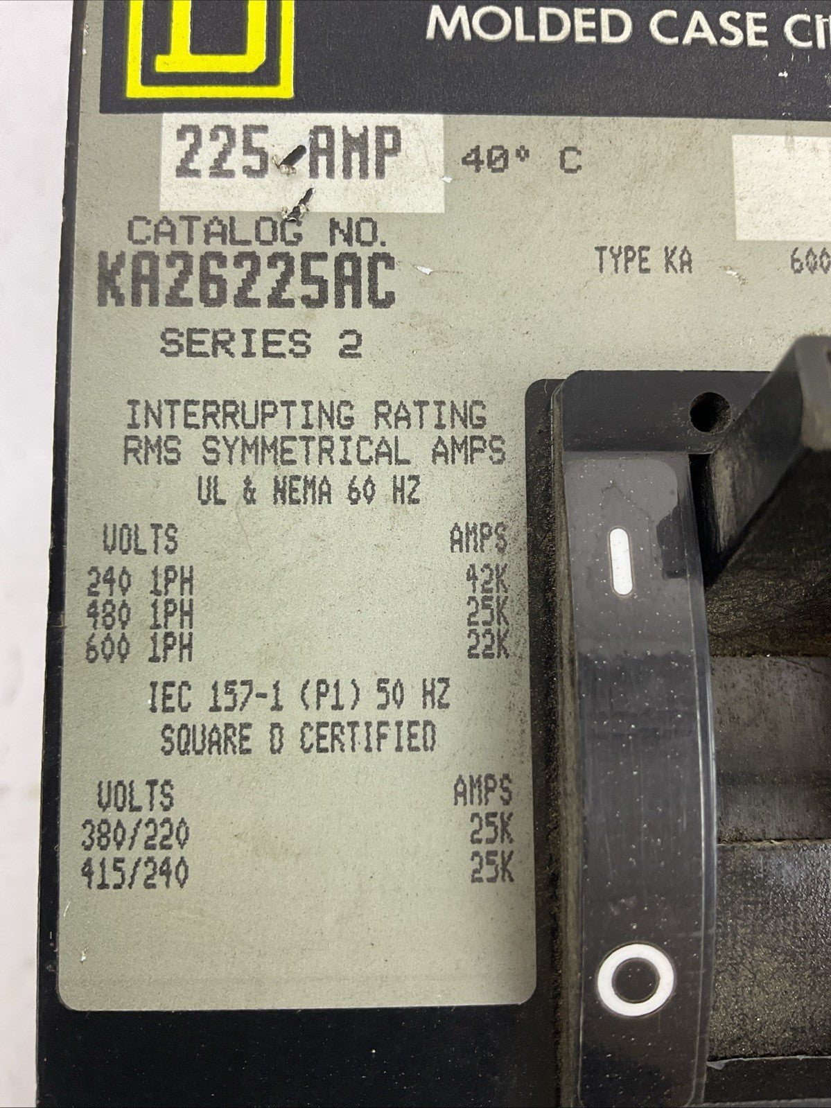 SQUARE D KA26225AC MOLDED CASE CIRCUIT BREAKER 225A 600VAC 2POLE