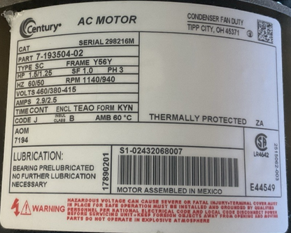 CENTURY S1-02432068007 AC MOTOR CONDENSER FAN DUTY 1.5/1.25HP 1140/940RPM 3PH