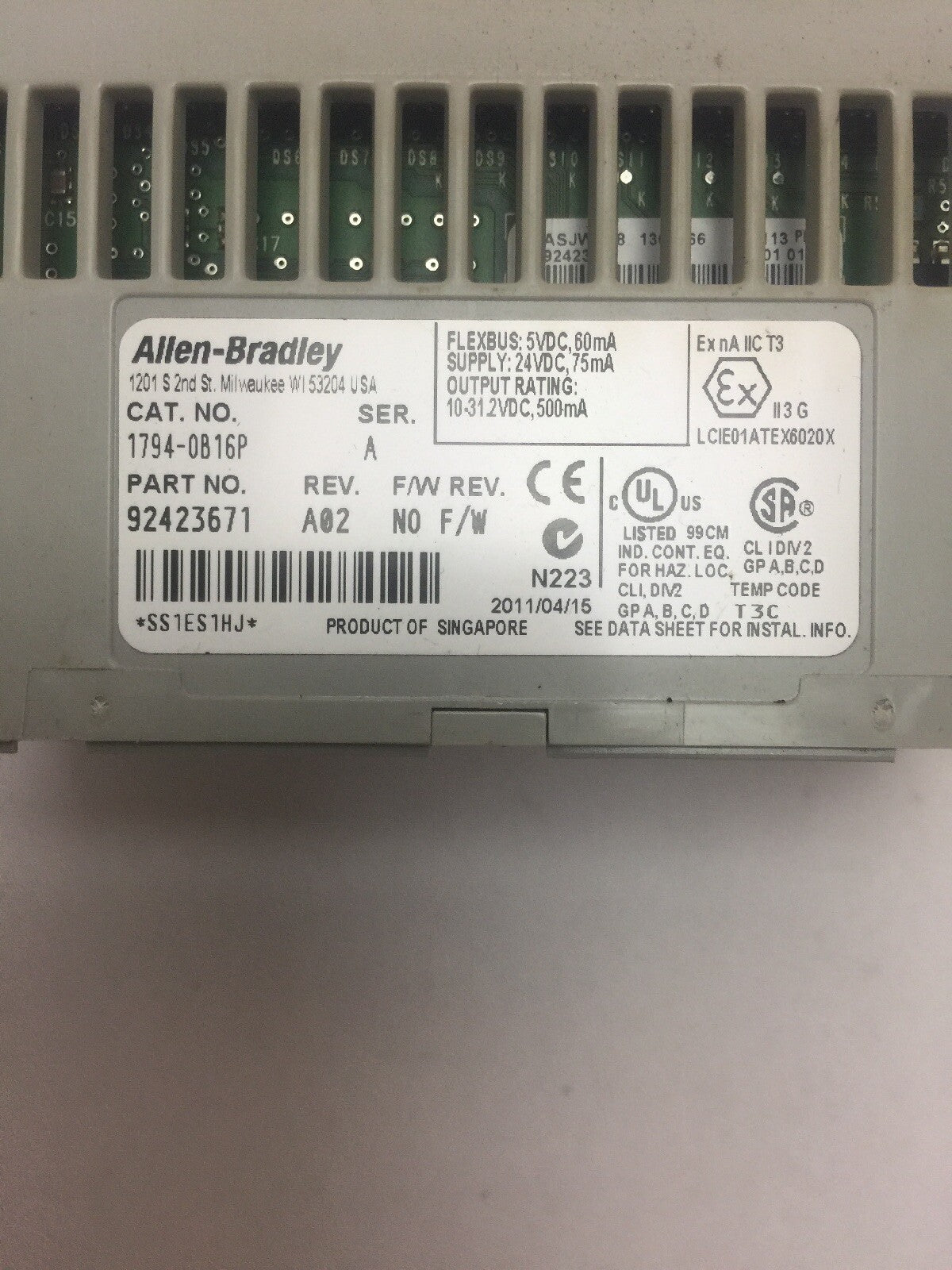 ALLEN BRADLEY 1794-OB16P 24VDC SOURCE OUTPUT MODULE SER A REV A02 F/W REV NO F/W