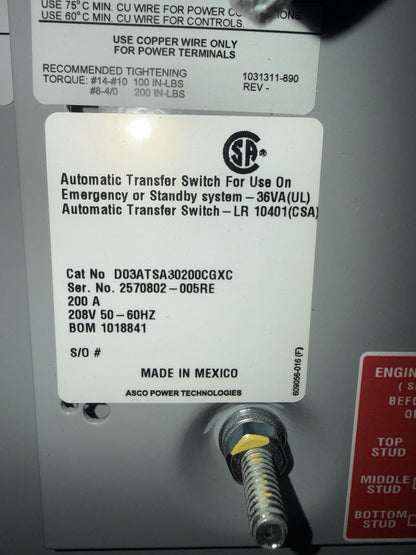 ASCO D03ATSA30200CGXC 200A 208V  3P AUTOMATIC TRANSFER SWITCH 50-60HZ