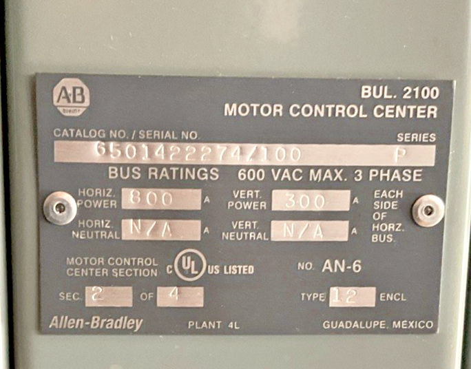 ALLEN BRADLEY BUL. 2100 650142274/100 MCC SIZE1 TYPE 12 ENCLOSURE 6:12"BUCKETS