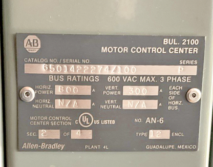 ALLEN BRADLEY BUL. 2100 650142274/100 MCC SIZE1 TYPE 12 ENCLOSURE 6:12"BUCKETS