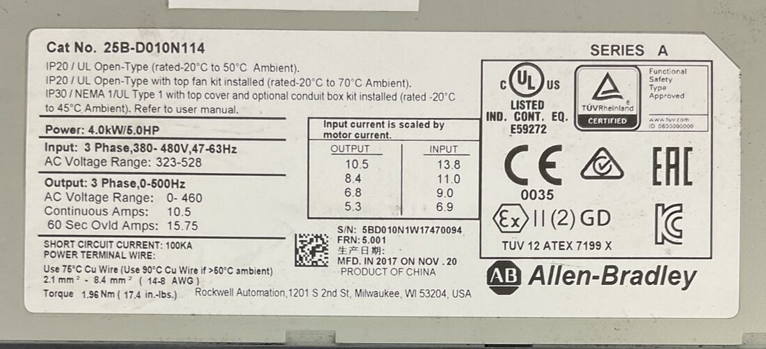 ALLEN BRADLEY 25B-D010N114 AC DRIVE FRN 5.001 SER A OUTPUT 0-460VAC