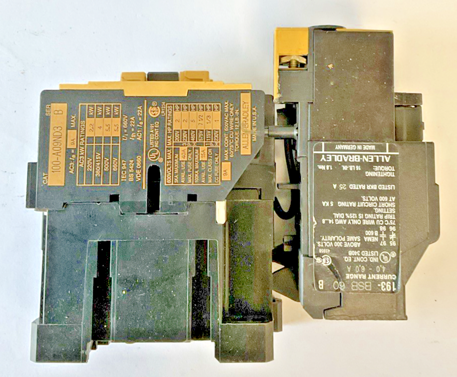 ALLEN BRADLEY 100-A09ND3 CONTACTOR SER B 600VAC 9A W/ 193-BSB 60 RELAY 4-6A
