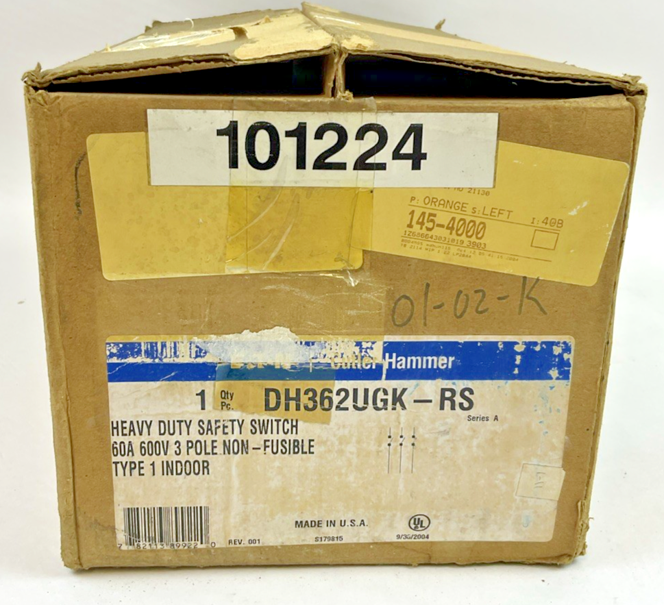 CUTLER HAMMER DH362UGK-RS HEAVY DUTY SAFETY SWITCH 60A 600V 3P NON FUSIBLE TYPE1
