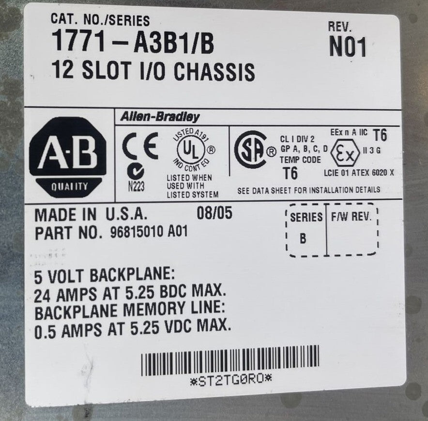 ALLEN BRADLEY 1771-A3B1 12 SLOT I/O CHASIS RACK SER B REV N01 5V BACKPLANE 24AMP