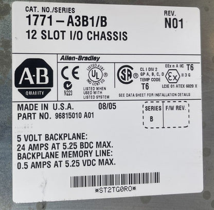 ALLEN BRADLEY 1771-A3B1 12 SLOT I/O CHASIS RACK SER B REV N01 5V BACKPLANE 24AMP