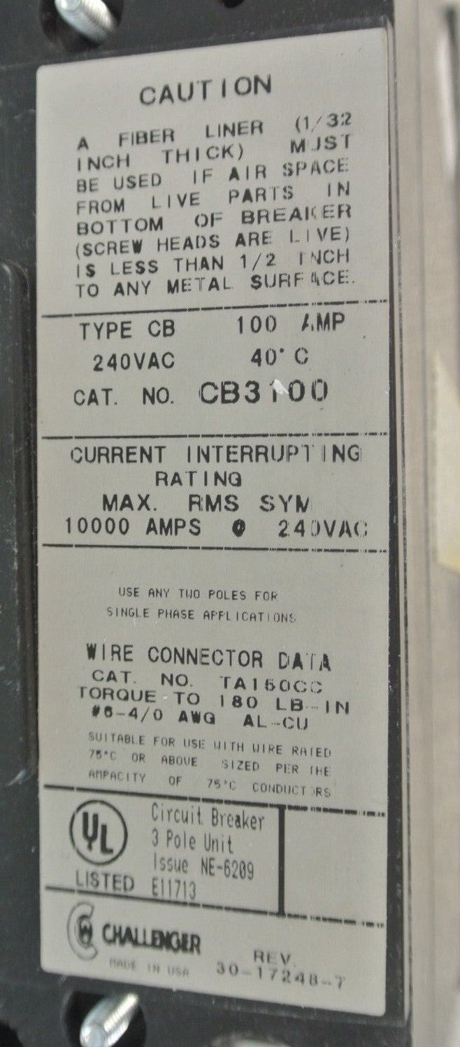 CHALLENGER CB3100L CIRCUIT BREAKER 100A / 240VAC / 3-POLE /  NEW SURPLUS