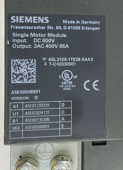 SIEMENS 1P 6SL3120-1TE28-5AA3 SINGLE MOTOR MODULE OUTPUT 3AC 400V 85A INPUT DC