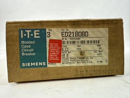 SIEMENS ITE ED21B080 MOLDED CASE CIRCUIT BREAKER 80A 1P 120VAC 125VDC (BOX OF 3)