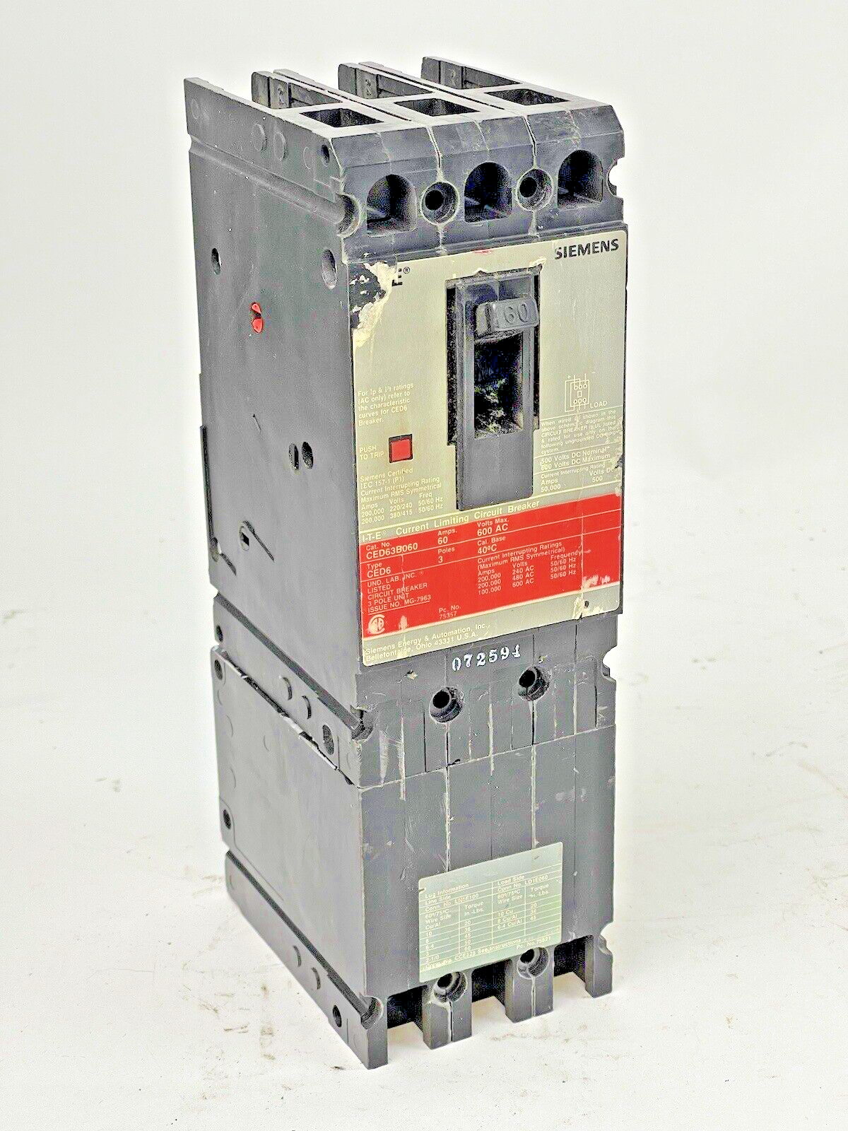 ITE - SIEMENS - CED63B060 - CIRCUIT BREAKER - 60 A, 600 VAC, 3 POLE, TYPE CED6