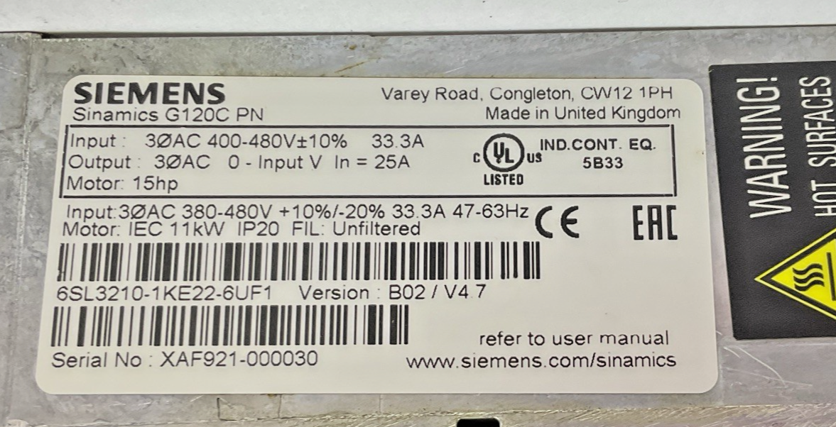 SIEMENS 6SL3210-1KE22-6UF1 FREQUENCY CONVERTER 15HP VER.B02 33.3A G120C PN 480V