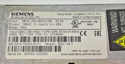 SIEMENS 6SL3210-1KE22-6UF1 FREQUENCY CONVERTER 15HP VER.B02 33.3A G120C PN 480V