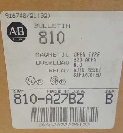 ALLEN-BRADLEY 810-A27BZ - INVERSE TIME CURRENT RELAY - 600V, 320A