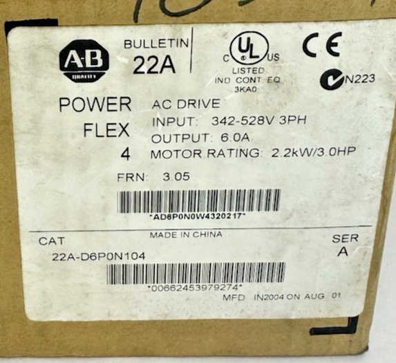 ALLEN-BRADLEY 22A-D6P0N104 POWERFLEX 4 AC DRIVE SER A FRN 3.05 3PH 342-528V