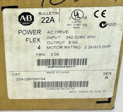 ALLEN-BRADLEY 22A-D6P0N104 POWERFLEX 4 AC DRIVE SER A FRN 3.05 3PH 342-528V