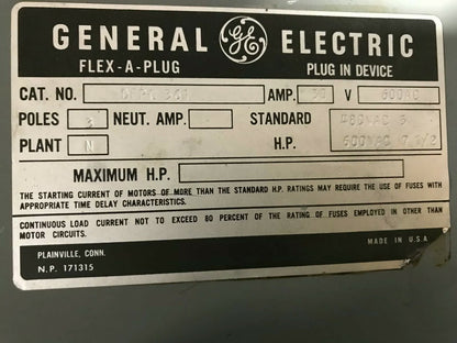 GE DFPC361 FLEX-A-PLUG PLUG-IN DEVICE / BUS PLUG 30A 600VAC 3-POLE
