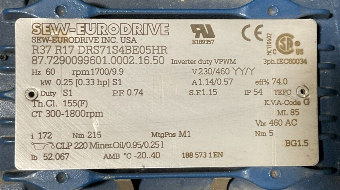 SEW-EURODRIVE R37 R17 DRS71S4BE05HR GEAR MOTOR HZ 60 rpm 1700/9.9 V230/460 YY/Y