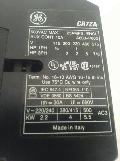 GENERAL ELECTRIC CR7ZA CONTACTOR 600V 25A 3PH 7.5HP 24VDC COIL W/ CR7XS13J